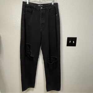 Prettylittlething Boyfriend Black Denim Ripped Button Fly Jeans Size 10